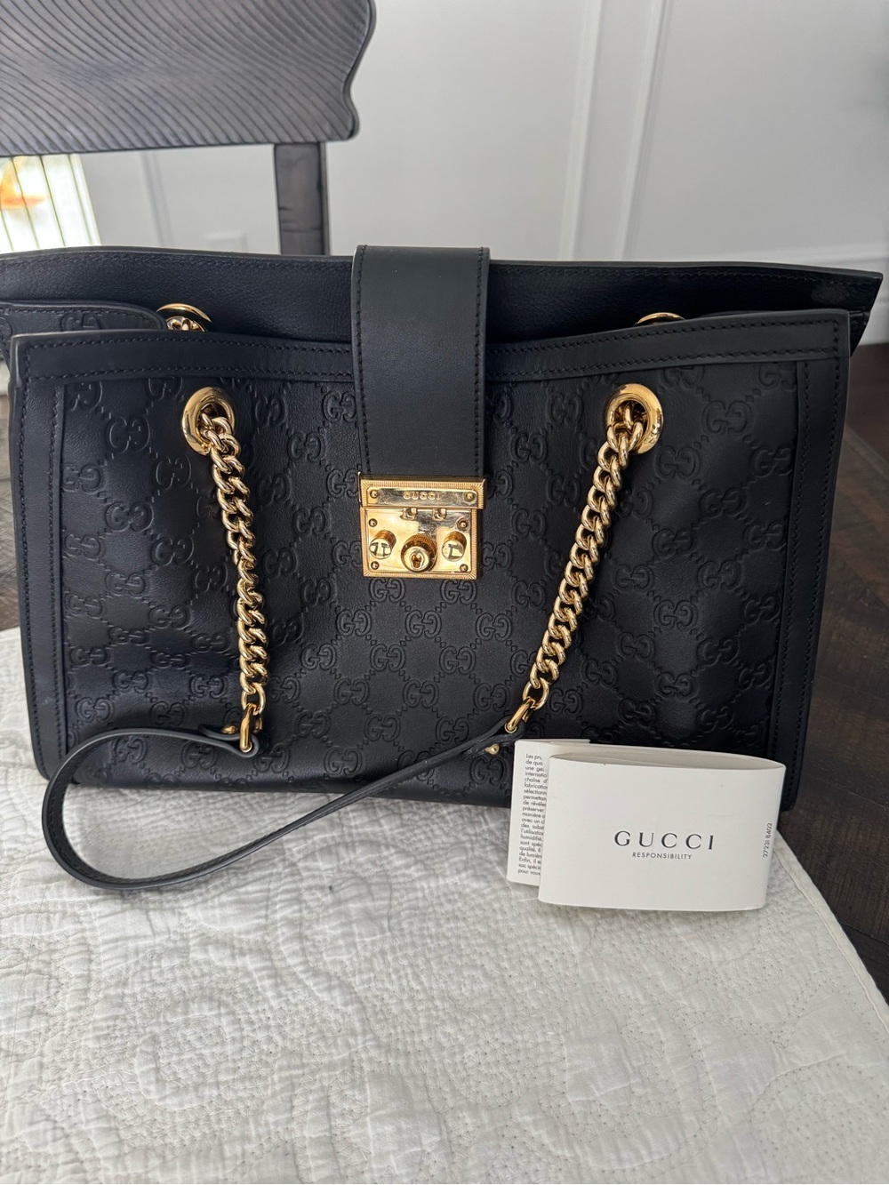 Gucci Black Leather Shoulder Tote with Gold Chain Hardware
